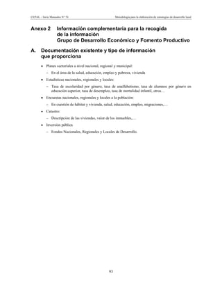 CEPAL – Serie Manuales N° 76 Metodología para la elaboración de estrategias de desarrollo local
93
Anexo 2 Información complementaria para la recogida
de la información
Grupo de Desarrollo Económico y Fomento Productivo
A. Documentación existente y tipo de información
que proporciona
· Planes sectoriales a nivel nacional, regional y municipal:
- En el área de la salud, educación, empleo y pobreza, vivienda
· Estadísticas nacionales, regionales y locales:
- Tasa de escolaridad por género, tasa de analfabetismo, tasa de alumnos por género en
educación superior, tasa de desempleo, tasa de mortalidad infantil, otros…
· Encuestas nacionales, regionales y locales a la población:
- En cuestión de hábitat y vivienda, salud, educación, empleo, migraciones,…
· Catastro:
- Descripción de las viviendas, valor de los inmuebles,…
· Inversión pública
- Fondos Nacionales, Regionales y Locales de Desarrollo.
 