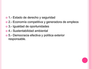 1.- Estado de derecho y seguridad2.- Economía competitiva y generadora de empleos3.- Igualdad de oportunidades4.- Sustentabilidad ambiental5.- Democracia efectiva y política exterior responsable.