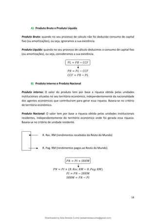 A) Produto Bruto e Produto Líquido
Produto Bruto: quando no seu processo de cálculo não foi deduzido consumo de capital
fixo (ou amortizações), ou seja, ignoramos a sua existência.
Produto Líquido: quando no seu processo de cálculo deduzimos o consumo de capital fixo
(ou amortizações), ou seja, consideramos a sua existência.
B) Produto Interno e Produto Nacional
Produto Interno: O valor do produto tem por base a riqueza obtida pelas unidades
institucionais situadas no seu território económico, independentemente da nacionalidade
dos agentes económicos que contribuíram para gerar essa riqueza. Baseia-se no critério
de território económico.
Produto Nacional: O valor tem por base a riqueza obtida pelas unidades institucionais
residentes, independentemente do território económico onde foi gerada essa riqueza.
Baseia-se no critério de unidade residente.
R. Rec. RM (rendimentos recebidos do Resto do Mundo)
R. Pag. RM (rendimentos pagos ao Resto do Mundo)
. .
. .
14
Downloaded by Aida Almeida Cunha (aidaalmeidaecunha@gmail.com)
lOMoARcPSD|9608719
 