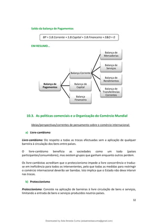 Saldo da balança de Pagamentos
BP = S.B.Corrente + S.B.Capital + S.B.Financeira + E&O = 0
EM RESUMO…
Serviços
Correntes
Balança de
Capital
Bal
Financeira
Balança de
Pagamentos
Balança Corrente
Balança de
Mercadorias
Balança de
Balança de
Rendimentos
Balança de
Transferências
ança
10.3. As políticas comerciais e a Organização do Comércio Mundial
Ideias/perspectivas/correntes de pensamento sobre o comércio internacional:
a) Livre-cambismo
Livre-cambismo: Diz respeito a todas as trocas efectuadas sem a aplicação de qualquer
barreira à circulação dos bens entre países.
O livre-cambismo beneficia as sociedades como um todo (países
participantes/consumidores), mas existem grupos que ganham enquanto outros perdem.
Os livre-cambistas acreditam que o proteccionismo impede a livre concorrência e traduz­
se em ineficiência para todos os intervenientes, pelo que todas as medidas para restringir
o comércio internacional deverão ser banidas. Isto implica que o Estado não deva intervir
nas trocas.
b) Proteccionismo
Proteccionismo: Consiste na aplicação de barreiras à livre circulação de bens e serviços,
limitando a entrada de bens e serviços produzidos noutros países.
32
Downloaded by Aida Almeida Cunha (aidaalmeidaecunha@gmail.com)
lOMoARcPSD|9608719
 
