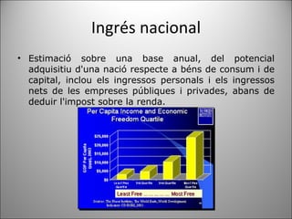 Ingrés nacional Estimació sobre una base anual, del potencial adquisitiu d'una nació respecte a béns de consum i de capital, inclou els ingressos personals i els ingressos nets de les empreses públiques i privades, abans de deduir l'impost sobre la renda. 