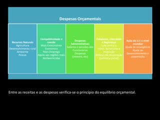 Despesas Orçamentais
Recursos Naturais
Agricultura
Desenvolvimento rural
Ambiente
Pescas
Competitividade e
coesão
Mais Crescimento
Economico
Mais Emprego
Apoio aas regiões mais
desfavorecidas
Despesas
Administrativas
Salários e pensões dos
Funcionários
Despesas
(imoveis, etc)
Cidadania, Liberdade
e Segurança
Luta contra o
crime, terrorismo e
imigração
Reforço da cooperação
(judicial e penal)
Ação da U.E a nível
mundial
Ajuda de emergência
Ajuda ao
desenvolvimento e
cooperação
Entre as receitas e as despesas verifica-se o princípio do equilíbrio orçamental.
 