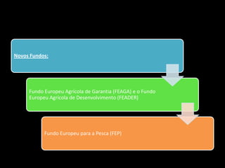 Novos Fundos:
Fundo Europeu Agrícola de Garantia (FEAGA) e o Fundo
Europeu Agrícola de Desenvolvimento (FEADER)
Fundo Europeu para a Pesca (FEP)
 