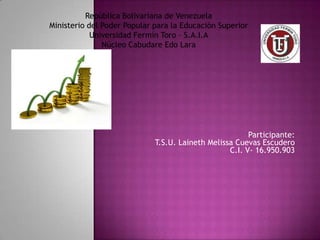 Participante:
T.S.U. Laineth Melissa Cuevas Escudero
C.I. V- 16.950.903
República Bolivariana de Venezuela
Ministerio del Poder Popular para la Educación Superior
Universidad Fermín Toro – S.A.I.A
Núcleo Cabudare Edo Lara
 