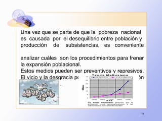 116
Una vez que se parte de que la pobreza nacional
es causada por el desequilibrio entre población y
producción de subsistencias, es conveniente
analizar cuáles son los procedimientos para frenar
la expansión poblacional.
Estos medios pueden ser preventivos y represivos.
El vicio y la desgracia por un extremo, y la sujeción
moral por el otro.
 