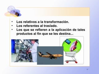 17
• Los relativos a la transformación.
• Los referentes al traslado.
• Los que se refieren a la aplicación de tales
productos al fin que se les destina...
 