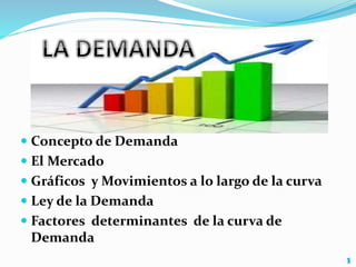  Concepto de Demanda
 El Mercado
 Gráficos y Movimientos a lo largo de la curva
 Ley de la Demanda
 Factores determinantes de la curva de
Demanda
 