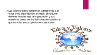 Los valores éticos conforman la base ética o el
etnos de la organización, es decir, el conjunto
deberes morales que la organización y sus
miembros tienen dentro del contexto social en el
que cumplen sus propósitos empresariales.
 