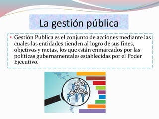 La gestión pública
 Gestión Publica es el conjunto de acciones mediante las
cuales las entidades tienden al logro de sus fines,
objetivos y metas, los que están enmarcados por las
políticas gubernamentales establecidas por el Poder
Ejecutivo.
 