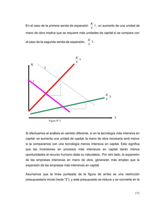 En el caso de la primera senda de expansión 1
L
K
, un aumento de una unidad de
mano de obra implica que se requiere más unidades de capital si se compara con
el caso de la segunda senda de expansión, 2
L
K
.
Si efectuamos el análisis en sentido diferente, si en la tecnología más intensiva en
capital, se aumenta una unidad de capital, la mano de obra necesaria será menor
si la comparamos con una tecnología menos intensiva en capital. Esto significa
que las inversiones en procesos más intensivos en capital darán menos
oportunidades al recurso humano dada su naturaleza., Por otro lado, la expansión
de las empresas intensivas en mano de obra, generarán más empleo que la
expansión de las empresas más intensivas en capital.
Asumamos que la línea punteada de la figura de arriba es una restricción
presupuestaria inicial (recta “2”), y este presupuesto se reduce y se convierte en la
171
L
K
1
L
K
2
L
K
Figura Nº 2
1
2
 
