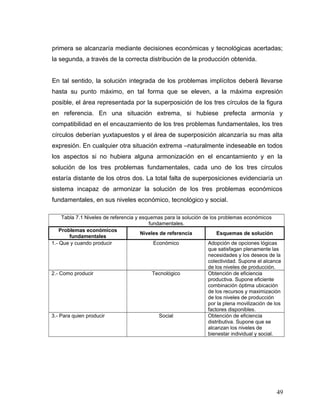 primera se alcanzaría mediante decisiones económicas y tecnológicas acertadas;
la segunda, a través de la correcta distribución de la producción obtenida.
En tal sentido, la solución integrada de los problemas implícitos deberá llevarse
hasta su punto máximo, en tal forma que se eleven, a la máxima expresión
posible, el área representada por la superposición de los tres círculos de la figura
en referencia. En una situación extrema, si hubiese prefecta armonía y
compatibilidad en el encauzamiento de los tres problemas fundamentales, los tres
círculos deberían yuxtapuestos y el área de superposición alcanzaría su mas alta
expresión. En cualquier otra situación extrema –naturalmente indeseable en todos
los aspectos si no hubiera alguna armonización en el encantamiento y en la
solución de los tres problemas fundamentales, cada uno de los tres círculos
estaría distante de los otros dos. La total falta de superposiciones evidenciaría un
sistema incapaz de armonizar la solución de los tres problemas económicos
fundamentales, en sus niveles económico, tecnológico y social.
Tabla 7.1 Niveles de referencia y esquemas para la solución de los problemas económicos
fundamentales.
Problemas económicos
fundamentales
Niveles de referencia Esquemas de solución
1.- Que y cuando producir Económico Adopción de opciones lógicas
que satisfagan plenamente las
necesidades y los deseos de la
colectividad. Supone el alcance
de los niveles de producción.
2.- Como producir Tecnológico Obtención de eficiencia
productiva. Supone eficiente
combinación óptima ubicación
de los recursos y maximización
de los niveles de producción
por la plena movilización de los
factores disponibles.
3.- Para quien producir Social Obtención de eficiencia
distributiva. Supone que se
alcanzan los niveles de
bienestar individual y social.
49
 