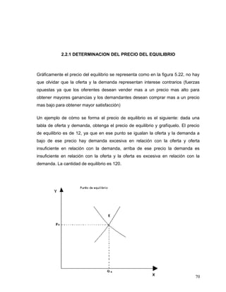 2.2.1 DETERMINACION DEL PRECIO DEL EQUILIBRIO
Gráficamente el precio del equilibrio se representa como en la figura 5.22, no hay
que olvidar que la oferta y la demanda representan interese contrarios (fuerzas
opuestas ya que los oferentes desean vender mas a un precio mas alto para
obtener mayores ganancias y los demandantes desean comprar mas a un precio
mas bajo para obtener mayor satisfacción)
Un ejemplo de cómo se forma el precio de equilibrio es el siguiente: dada una
tabla de oferta y demanda, obtenga el precio de equilibrio y grafíquelo. El precio
de equilibrio es de 12, ya que en ese punto se igualan la oferta y la demanda a
bajo de ese precio hay demanda excesiva en relación con la oferta y oferta
insuficiente en relación con la demanda, arriba de ese precio la demanda es
insuficiente en relación con la oferta y la oferta es excesiva en relación con la
demanda. La cantidad de equilibrio es 120.
70
 