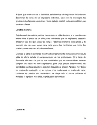 Al igual que en el caso de la demanda, señalaremos un conjunto de factores que
determinan la oferta de un empresario individual. Estos son la tecnología, los
precios de los factores productivos (tierra, trabajo, capital) y el precio del bien que
se desea ofrecer.
La tabla de oferta
Bajo la condición ceteris paribus, denominamos tabla de oferta a la relación que
existe entre el precio de un bien y las cantidades que un empresario desearía
ofrecer de ese bien por unidad de tiempo. Podemos obtener la oferta global y de
mercado sin más que sumar para cada precio las cantidades que todos los
productores de ese mercado desean ofrecer.
Mientras la tabla de demanda muestra el comportamiento de los consumidores, la
tabla de oferta señala el comportamiento de los productores. Sí la tabla de
demanda relaciona los precios con cantidades que los consumidores desean
comprar, una tabla de oferta representa, para unos precios determinados, las
cantidades que los productores estarían dispuestos a ofrecer. Aprecios muy bajos
los costes de producción no se cubren y los productores no producirán nada;
conforme los precios van aumentando se empezarán a lanzar unidades al
mercado y, a precios más altos, la producción será mayor.
Cuadro 4:
78
 