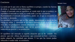 Conclusion
La razón por la que esto se llama equilibrio es porque, cuando las fuerzas
de oferta y demanda están balanceadas.
Cuando el mercado esta en equilibrio se vende todo lo que se poduce; en
equilibrio el mercado se vacía; se vende todo y no hay excedentes.
Representando el mercado en equilibrio, punto en el que se encuentra en
la oferta y demanda.
La cantidad y el precio que se fija, queda determinado a través de las
curvas de oferta y demanda de tal bien o servicio. O sea si el precio es
muy alto, los productores estarán ofreciendo mas de lo que se demanda,
por lo tanto habrán cantidades que no se podrán vender, de tal modo
reducirán sus precios y su producción .
El equilibrio del mercado es aquella situación que se da cuando los
precios que este ofrece, las personas que consumen un bien o servicio,
puden adquirir las cantidads que desean. Y los que las tienen pudan
ofrecerla o vender toda su existencia.
Yenibeth Perez
 