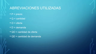 ABREVIACIONES UTILIZADAS
• P = precio
• Q = cantidad
• O = oferta
• D = demanda
• QO = cantidad de oferta
• QD = cantidad de demanda
 