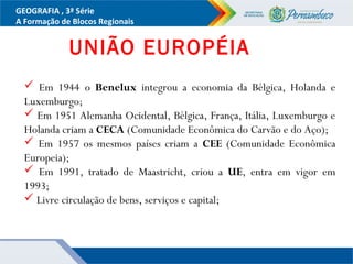 GEOGRAFIA , 3ª Série
A Formação de Blocos Regionais
UNIÃO EUROPÉIA
 Em 1944 o Benelux integrou a economia da Bélgica, Holanda e
Luxemburgo;
 Em 1951 Alemanha Ocidental, Bélgica, França, Itália, Luxemburgo e
Holanda criam a CECA (Comunidade Econômica do Carvão e do Aço);
 Em 1957 os mesmos países criam a CEE (Comunidade Econômica
Europeia);
 Em 1991, tratado de Maastricht, criou a UE, entra em vigor em
1993;
 Livre circulação de bens, serviços e capital;
 