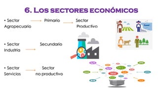 6. Los sectores económicos
• Sector Primario Sector
Agropecuario Productivo
• Sector Secundario
Industria
• Sector Sector
Servicios no productivo
 