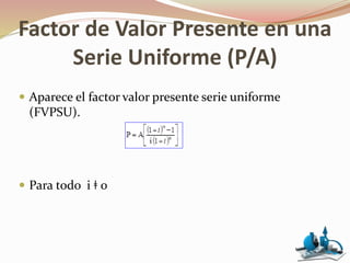 Factor de Valor Presente en una
Serie Uniforme (P/A)
 Aparece el factor valor presente serie uniforme
(FVPSU).
 Para todo i ǂ 0
 
