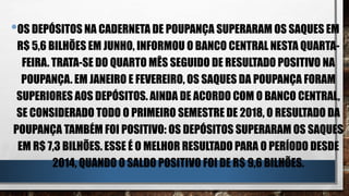 •OS DEPÓSITOS NA CADERNETA DE POUPANÇA SUPERARAM OS SAQUES EM
R$ 5,6 BILHÕES EM JUNHO, INFORMOU O BANCO CENTRAL NESTA QUARTA-
FEIRA. TRATA-SE DO QUARTO MÊS SEGUIDO DE RESULTADO POSITIVO NA
POUPANÇA. EM JANEIRO E FEVEREIRO, OS SAQUES DA POUPANÇA FORAM
SUPERIORES AOS DEPÓSITOS. AINDA DE ACORDO COM O BANCO CENTRAL,
SE CONSIDERADO TODO O PRIMEIRO SEMESTRE DE 2018, O RESULTADO DA
POUPANÇA TAMBÉM FOI POSITIVO: OS DEPÓSITOS SUPERARAM OS SAQUES
EM R$ 7,3 BILHÕES. ESSE É O MELHOR RESULTADO PARA O PERÍODO DESDE
2014, QUANDO O SALDO POSITIVO FOI DE R$ 9,6 BILHÕES.
 