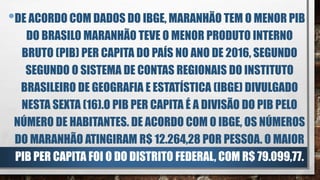 •DE ACORDO COM DADOS DO IBGE, MARANHÃO TEM O MENOR PIB
DO BRASILO MARANHÃO TEVE O MENOR PRODUTO INTERNO
BRUTO (PIB) PER CAPITA DO PAÍS NO ANO DE 2016, SEGUNDO
SEGUNDO O SISTEMA DE CONTAS REGIONAIS DO INSTITUTO
BRASILEIRO DE GEOGRAFIA E ESTATÍSTICA (IBGE) DIVULGADO
NESTA SEXTA (16).O PIB PER CAPITA É A DIVISÃO DO PIB PELO
NÚMERO DE HABITANTES. DE ACORDO COM O IBGE, OS NÚMEROS
DO MARANHÃO ATINGIRAM R$ 12.264,28 POR PESSOA. O MAIOR
PIB PER CAPITA FOI O DO DISTRITO FEDERAL, COM R$ 79.099,77.
 