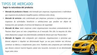 TIPOS DE MERCADO
Según la naturaleza del producto
• Mercado de productos o bienes: está formado por empresas, organizaciones o individuos
que requieren de productos tangibles (autos, teléfonos entre otros).
• Mercado de servicios: está conformado por empresas, personas u organizaciones que
requieren de actividades, beneficios o satisfacciones que pueden ser objeto de
transacción: por ejemplo, el servicio de limpieza y de seguridad.
• Mercado de ideas: tanto empresas como organizaciones necesitan constantemente de
"buenas ideas" para ser más competitivas en el mercado. Por ello, la mayoría de ellas
están dispuestas a pagar una determinada cantidad de dinero por una "buena idea “.
• Mercado de lugares: está compuesto por empresas, organizaciones y personas que
desean adquirir o alquilar un determinado lugar, ya sea para instalar sus oficinas,
construir su fábrica o simplemente para vivir. También está compuesto por individuos
que deseen conocer nuevos lugares, pasar una vacación, recrearse en un determinado
lugar entre otros.
 