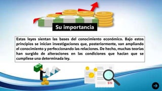 Su importancia
Estas leyes sientan las bases del conocimiento económico. Bajo estos
principios se inician investigaciones que, posteriormente, van ampliando
el conocimiento y perfeccionando las relaciones. De hecho, muchas teorías
han surgido de alteraciones en las condiciones que hacían que se
cumpliese una determinada ley.
 