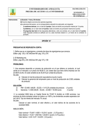 UNIVERSIDADES DE ANDALUCÍA
PRUEBA DE ACCESO A LA UNIVERSIDAD
BACHILLERATO
ECONOMÍA Y
ORGANIZACIÓN
DE EMPRESAS
Instrucciones: a) Duración: 1 hora y 30 minutos.
b)El alumno elegirá una de las dos opciones siguientes.
c)La estructura del examen, con la correspondiente valoración de cada parte, es la siguiente:
- 2 cuestiones teóricas, con un total de 3 puntos. Cada una tendrá una puntuación máxima de 1,5 puntos.
- 2 problemas, con un valor total de 4 puntos. Cada uno tendrá una puntuación máxima de 2 puntos.
- 10 preguntas tipo test de tres respuestas alternativas y sólo una correcta, con un valor total de 3 puntos.
Cada respuesta correcta se calificará con 0,3, cada incorrecta restará 0,1 y el hecho de no contestar no
puntuará.
1
OPCIÓN “A”
PREGUNTAS DE RESPUESTA CORTA:
1. Defina que es un organigrama y comente dos tipos de organigramas que conozca.
Editex- pág. 125 y 126. McGraw-Hill- pág. 215 y 216
2. El Marketing-mix.
Editex- pág.243 y 244. McGraw-Hill- pág 137 y 138
PROBLEMAS:
1. Una empresa desarrolla un proceso de producción en el que obtiene un producto, el cual
vende en el mercado a un precio de 46,85 €. Los costes fijos que tiene dicha empresa son de
23.460 € al año. El coste variable es de 30,25 € por unidad de producto.
Se pide:
a) Calcular el nivel de producción equivalente al punto muerto
b) Calcular la ganancia del empresario para un nivel de producción de 2.500 unidades
de producto.
SOLUCIÓN:
a) PM = 23.460 / (46,85 – 30,25) = 1.413,25 unidades de producto (1 punto)
b) Ganancia = 2.500 (46,85 – 30,25) – 23.460 = 18.040 euros (1 punto)
2. La sociedad QQQ tiene un Capital Social de 73.647 € dividido en 4.900 acciones. Las
acciones de dicha sociedad cotizan en bolsa a un 165% y los dividendos anuales esperados son
de 2,40 €. Tipo de interés del mercado 7% anual.
Se pide:
Calcular el valor nominal, el valor efectivo y el valor teórico de las acciones de la
sociedad QQQ.
SOLUCIÓN:
Valor nominal = 73.647 / 4.900 = 15,03 € / acción ( 0,75 puntos )
Valor efectivo = 15,03 * (165/100) = 24,80 € / acción ( 0,75 puntos )
Valor teórico = 2,40 / 0,07 = 34,29 € ( 0,5 punto )
 