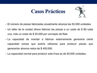 Casos Prácticos

• El número de piezas fabricadas anualmente alcanza las 50,000 unidades.

• Un taller de la ciudad ofrece fabricar las piezas a un costo de $ 80 cada

 una, más un costo de $ 50,000 por concepto de flete.

• La capacidad de mandar a fabricar externamente generaría cierta

 capacidad ociosa que podría utilizarse para producir piezas que
 generarían ahorros netos de $ 400,000.

• La capacidad normal para producir esta línea es de 50,000 unidades.
 