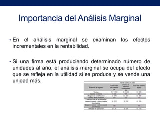 Importancia del Análisis Marginal

• En  el análisis marginal se examinan los efectos
 incrementales en la rentabilidad.

• Si una firma está produciendo determinado número de
 unidades al año, el análisis marginal se ocupa del efecto
 que se refleja en la utilidad si se produce y se vende una
 unidad más.
 