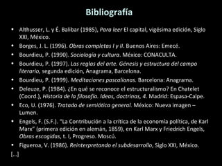 Bibliografía Althusser, L. y É. Balibar (1985),  Para leer  El capital, vigésima edición, Siglo XXI, México. Borges, J. L. (1996).  Obras completas I y II . Buenos Aires: Emecé. Bourdieu, P. (1990).  Sociología y cultura . México: CONACULTA. Bourdieu, P. (1997).  Las reglas del arte. Génesis y estructura del campo literario,  segunda edición, Anagrama, Barcelona. Bourdieu, P.  (1999).  Meditaciones pascalianas.  Barcelona: Anagrama. Deleuze, P. (1984). ¿En qué se reconoce el estructuralismo? En Chatelet (Coord.),  Historia de la filosofía. Ideas, doctrinas, 4.  Madrid: Espasa-Calpe. Eco, U. (1976).  Tratado de semiótica general.  México: Nueva imagen – Lumen. Engels, F. (S.F.). “La Contribución a la crítica de la economía política, de Karl Marx” (primera edición en alemán, 1859), en Karl Marx y Friedrich Engels,  Obras escogidas , t. I, Progreso. Moscú. Figueroa, V. (1986).  Reinterpretando el subdesarrollo , Siglo XXI, México. […] 