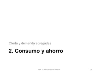 Los impuestos y la función de
consumo
𝐶 = 𝑓(𝑌𝑑)
• Asumiendo una relación
lineal
𝐶 = 𝐶 + 𝑐 𝑌𝑑
𝑌𝑑 = 𝑌 − 𝑇 + 𝑇𝑅
• T = función de recaudación
impositiva (o ingresos
fiscales)
𝑇 = 𝑓(𝑌)
• La recaudación impositiva
aumenta al aumentar la
renta nacional
𝑇 = 𝑇 + 𝑡 𝑌
• t = tipo impositivo o tipo de
gravamen (en tanto por uno)
Prof. Dr. Manuel Salas Velasco 25
𝐶 = 𝐶 + 𝑐 𝑌 − 𝑇 + 𝑇𝑅
𝐶 = 𝐶 + 𝑐 𝑌 − 𝑇 − 𝑡 𝑌 + 𝑇𝑅
• Si asumimos que no hay
impuestos fijos, y las
familias no reciben
transferencias del sector
público, entonces la función
de consumo sería
𝐶 = 𝐶 + 𝑐 𝑌 − 𝑡 𝑌
𝐶 = 𝐶 + 𝑐 1 − 𝑡 𝑌
Economía Política Capítulo 6
 