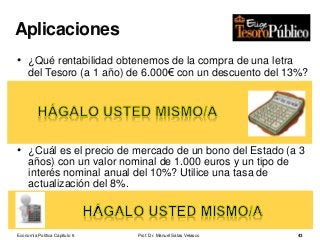 • ¿Qué rentabilidad obtenemos de la compra de una letra
del Tesoro (a 1 año) de 6.000€ con un descuento del 13%?
𝑇𝑎𝑠𝑎 𝑎𝑛𝑢𝑎𝑙 𝑑𝑒 𝑟𝑒𝑛𝑡𝑎𝑏𝑖𝑙𝑖𝑑𝑎𝑑 % =
𝑃𝑣 − 𝑃𝑎
𝑃𝑎
100 =
6000 − 5220
5220
100
= 14,94%
Pa = 6.000 – 13% s/6.000 = 6.000 – 780 = 5.220 euros, siendo éste el desembolso que
debemos hacer
• ¿Cuál es el precio de mercado de un bono del Estado (a 3
años) con un valor nominal de 1.000 euros y un tipo de
interés nominal anual del 10%? Utilice una tasa de
actualización del 8%.
𝑃𝑏𝑜𝑛𝑜 =
100
1 + 0,08 1
+
100
1 + 0,08 2
+
100 + 1000
1 + 0,08 3
= 1051,54€
Prof. Dr. Manuel Salas Velasco 43
Aplicaciones
Economía Política Capítulo 6
 