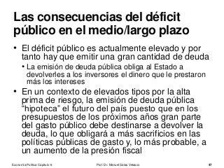 • El déficit público es actualmente elevado y por
tanto hay que emitir una gran cantidad de deuda
• La emisión de deuda pública obliga al Estado a
devolverles a los inversores el dinero que le prestaron
más los intereses
• En un contexto de elevados tipos por la alta
prima de riesgo, la emisión de deuda pública
“hipoteca” el futuro del país puesto que en los
presupuestos de los próximos años gran parte
del gasto público debe destinarse a devolver la
deuda, lo que obligará a más sacrificios en las
políticas públicas de gasto y, lo más probable, a
un aumento de la presión fiscal
Prof. Dr. Manuel Salas Velasco 47
Las consecuencias del déficit
público en el medio/largo plazo
Economía Política Capítulo 6
 