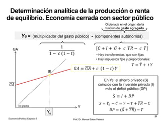 El equilibrio monetario (equilibrio
en el mercado de dinero)
• La oferta monetaria M
equivale a la cantidad de
dinero existente formada
según las actuaciones de las
autoridades monetarias
• La demanda de dinero L
depende de los hábitos del
público en cuanto a la
tenencia de efectivo
• La demanda es decreciente y
la oferta es completamente
rígida por ser fijada por la
autoridad monetaria; el punto
de cruce entre ambas
determinará el tipo de interés
de equilibrio
Prof. Dr. Manuel Salas Velasco 21
Cuando la oferta
monetaria es igual
a la demanda de
dinero se alcanza
el equilibrio
monetario
Tipo de
interés
Cantidad de dinero
ie
E
Tipo de
interés de
equilibrio
M
Curva de oferta de dinero
M
Curva de demanda de
dinero
L
Oferta de dinero elegida por
el banco central
Equilibrio
Economía Política Capítulo 7
 