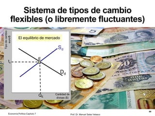 El Banco Central Europeo
Prof. Dr. Manuel Salas Velasco 44
• Fundado el 1 de junio de 1998, con personalidad jurídica propia
• Status legal: INDEPENDENCIA de los gobiernos nacionales o del
Parlamento Europeo y AUTONOMÍA en el ejercicio de sus funciones
• Principio general: las decisiones comunes a todos los países del
área euro se toman por el BCE, en el que están representados todos
los BC del euro
• El sistema de toma de decisiones, centralizado en el Eurosistema a través de
los órganos rectores del BCE (Consejo de Gobierno y Comité Ejecutivo),
asegura la unicidad de la política monetaria en la zona del euro
• El Consejo de Gobierno es responsable de formular la política
monetaria de la zona del euro (incluyendo los objetivos monetarios
intermedios, los tipos de interés básicos y el suministro de reservas
en el Eurosistema)
• En concreto, tiene la facultad de decidir los tipos de interés a los que los
bancos comerciales pueden obtener liquidez (es decir, dinero) del Banco
Central
Economía Política Capítulo 7
 