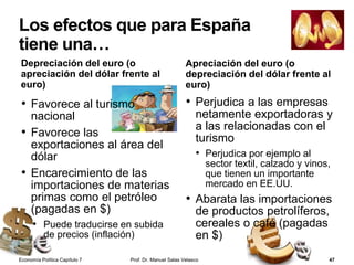 Principales funciones del BCE
Prof. Dr. Manuel Salas Velasco 47
Autorización de emisión de billetes y monedas
Política monetaria única para el área euro
Contribución al buen funcionamiento del sistema
de pagos: prestamista de última instancia del
sistema financiero
Gestión de parte de las reservas de divisas
Asesoramiento técnico a las instituciones
europeas
Armonización de estadísticas agregadas para el
desarrollo de la política monetaria
Economía Política Capítulo 7
 
