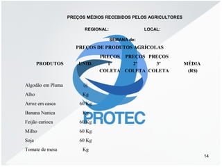 14
PREÇOS DE PRODUTOS AGRÍCOLAS
PRODUTOS UNID.
PREÇOS
1º
COLETA
PREÇOS
2º
COLETA
PREÇOS
3º
COLETA
MÉDIA
(R$)
Algodão em Pluma @
Alho Kg
Arroz em casca 60 Kg
Banana Nanica Kg
Feijão carioca 60 Kg
Milho 60 Kg
Soja 60 Kg
Tomate de mesa Kg
PREÇOS MÉDIOS RECEBIDOS PELOS AGRICULTORES
REGIONAL: LOCAL:
SEMANA de:
 