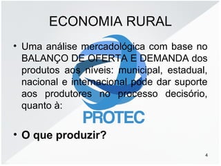 ECONOMIA RURAL
• Uma análise mercadológica com base no
BALANÇO DE OFERTA E DEMANDA dos
produtos aos níveis: municipal, estadual,
nacional e internacional pode dar suporte
aos produtores no processo decisório,
quanto à:
• O que produzir?
4
 