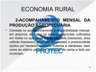 ECONOMIA RURAL
2-ACOMPAHAMENTO MENSAL DA
PRODUÇÃO AGROPECUÁRIA
• Consiste no acompanhamento e disponibilidade mensal,
em arquivos, de todos os produtos agrícolas cultivados
em Goiás no que tange à área plantada (hectares), área
colhida (hectares), produção (toneladas) e produtividade
(quilos por hectare), inclusive fruteiras e oleráceas, bem
como do efetivo pecuário, produção de carne e leite por
município.
8
 