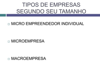 TIPOS DE EMPRESAS
SEGUNDO SEU TAMANHO
 MICRO EMPREENDEDOR INDIVIDUAL
 MICROEMPRESA
 MACROEMPRESA
 