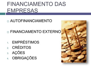 FINANCIAMENTO DAS
EMPRESAS
 AUTOFINANCIAMENTO
 FINANCIAMENTO EXTERNO:
1. EMPRÉSTIMOS
2. CRÉDITOS
3. AÇÕES
4. OBRIGAÇÕES
 