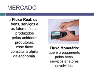 MERCADO
 Fluxo Real: os
bens, serviços e
os fatores finais,
produzidos
pelas unidades
produtoras,
esse fluxo
constitui a oferta
da economia.
Fluxo Monetário:
que é o pagamento
pelos bens,
serviços e fatores
envolvidos.
 