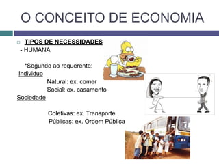 O CONCEITO DE ECONOMIA
 TIPOS DE NECESSIDADES
- HUMANA
*Segundo ao requerente:
Individuo
Natural: ex. comer
Social: ex. casamento
Sociedade
Coletivas: ex. Transporte
Públicas: ex. Ordem Pública
 