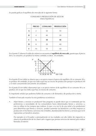 PRIMER BIMESTRE                                                     Guía didáctica: Introducción a la Economía


Se puede graficar el equilibrio de mercado de la siguiente forma:

                              CONSUMO Y PRODUCCIÓN DE AZÚCAR
                                      (Datos hipotéticos)



                                 PRECIO          CONSUMO             PRODUCCIÓN

                          A         2                  50                    10

                          B         4                  40                    20

                          C         6                  30                    30

                          D         8                  20                    40

                          E         10                 10                    50

En el punto C (observe la tabla de valores) se encuentra el equilibrio de mercado, puesto que al precio
de 6, se consume y se produce la misma cantidad, es decir, 30 unidades.




En el punto D (ver tabla) se observa que a un precio mayor al precio de equilibrio (8) se consume 20 y
se produce 40 unidades, lo que nos indica que hay un exceso de producción (porque se producen 40
y se están consumiendo únicamente 20 unidades).

En el punto B (ver tabla) observamos que a un precio menor al de equilibrio (4) se consume 40 y se
produce 20, lo que nos indica que hay un exceso de consumo.

Es importante señalar que podemos hablar de consumo o de demanda y de producción u oferta.

También el mercado resuelve los tres problemas económicos:

•     ¿Qué bienes y servicios se producen? Esta pregunta se puede decir que es contestada por las
      preferencias o necesidades de los consumidores hacia determinados bienes y servicios; y,
      esto se refleja en las compras que realizan, lo que a su vez le da una señal a los productores
      para determinar que bienes y servicios pueden aumentar sus beneficios y así ellos mejoran su
      producción en los bienes y servicios más rentables, abandonando los bienes y servicios que no le
      representan un beneficio atractivo.

      Por ejemplo en el Ecuador y principalmente en las ciudades con alto índice de migración se
      observa la proliferación de los cibert café o lugares que prestan servicios de internet para realizar
      llamadas al exterior.



                                        UNIVERSIDAD TÉCNICA PARTICULAR DE LOJA La Universidad Católica de Loja    21
 