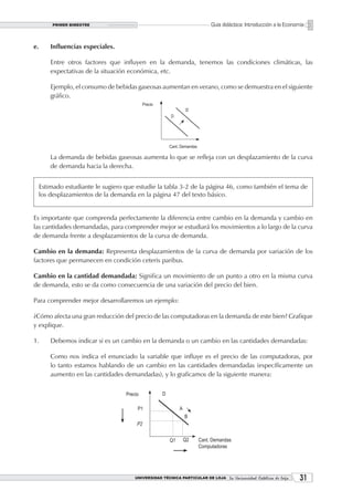 PRIMER BIMESTRE                                                 Guía didáctica: Introducción a la Economía


e.       Influencias especiales.

         Entre otros factores que influyen en la demanda, tenemos las condiciones climáticas, las
         expectativas de la situación económica, etc.

         Ejemplo, el consumo de bebidas gaseosas aumentan en verano, como se demuestra en el siguiente
         gráfico.




         La demanda de bebidas gaseosas aumenta lo que se refleja con un desplazamiento de la curva
         de demanda hacia la derecha.


     Estimado estudiante le sugiero que estudie la tabla 3-2 de la página 46, como también el tema de
     los desplazamientos de la demanda en la página 47 del texto básico.


Es importante que comprenda perfectamente la diferencia entre cambio en la demanda y cambio en
las cantidades demandadas, para comprender mejor se estudiará los movimientos a lo largo de la curva
de demanda frente a desplazamientos de la curva de demanda.

Cambio en la demanda: Representa desplazamientos de la curva de demanda por variación de los
factores que permanecen en condición ceteris paribus.

Cambio en la cantidad demandada: Significa un movimiento de un punto a otro en la misma curva
de demanda, esto se da como consecuencia de una variación del precio del bien.

Para comprender mejor desarrollaremos un ejemplo:

¿Cómo afecta una gran reducción del precio de las computadoras en la demanda de este bien? Grafique
y explique.

1.       Debemos indicar si es un cambio en la demanda o un cambio en las cantidades demandadas:

         Como nos indica el enunciado la variable que influye es el precio de las computadoras, por
         lo tanto estamos hablando de un cambio en las cantidades demandadas (específicamente un
         aumento en las cantidades demandadas), y lo graficamos de la siguiente manera:




                                       UNIVERSIDAD TÉCNICA PARTICULAR DE LOJA La Universidad Católica de Loja    31
 