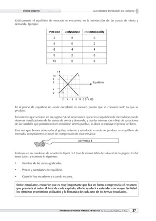 PRIMER BIMESTRE                                                  Guía didáctica: Introducción a la Economía


Gráficamente el equilibrio de mercado se encuentra en la intersección de las curvas de oferta y
demanda. Ejemplo:

                            PRECIO         CONSUMO            PRODUCCIÓN

                                2                8                      0

                                4                6                      2

                                6                4                      4

                                8                2                      6

                               10                0                      8




En el precio de equilibrio no existe excedente ni escasez, puesto que se consume todo lo que se
produce.

En los temas que se tratan en las páginas 54-57 observamos que con un equilibrio de mercado se puede
observar movilizaciones de las curvas de oferta y demanda, y que las mismas son reflejo de variaciones
de las variables que permanecen en condición ceteris paribus, es decir se excluye el precio del bien.

Una vez que hemos observado el gráfico anterior y estudiado cuando se produce un equilibrio de
mercado, comprobemos el nivel de comprensión de esta temática:

                                                        ACTIVIDAD 6




Grafique en su cuaderno de apuntes la figura 3-7 (con la misma tabla de valores) de la página 53 del
texto básico y conteste lo siguiente:

•     Nombre de las curvas graficadas.

•     Precio y cantidades de equilibrio.

•     Cuando hay excedente y cuando escasez.

 Señor estudiante, recuerde que es muy importante que lea en forma comprensiva el resumen
 que presenta el autor al final de cada capítulo, ello le ayudará a entender con mayor facilidad
 los términos económicos utilizados y la literatura de cada uno de los temas estudiados.




                                     UNIVERSIDAD TÉCNICA PARTICULAR DE LOJA La Universidad Católica de Loja    3
 