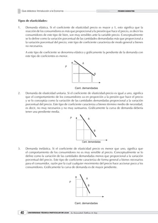 Guía didáctica: Introducción a la Economía                                        PRIMER BIMESTRE




Tipos de elasticidades:

1.        Demanda elástica. Si el coeficiente de elasticidad precio es mayor a 1, esto significa que la
          reacción de los consumidores es más que proporcional a la presión que hace el precio, es decir los
          consumidores de este tipo de bien, son muy sensibles ante la variable precio. Conceptualmente
          se lo define como la variación porcentual de las cantidades demandadas más que proporcional a
          la variación porcentual del precio; este tipo de coeficiente caracteriza de modo general a bienes
          no necesarios.

          A este tipo de coeficiente se denomina elástico y gráficamente la pendiente de la demanda con
          este tipo de coeficientes es menor.




2.        Demanda de elasticidad unitaria. Si el coeficiente de elasticidad-precio es igual a uno, significa
          que el comportamiento de los consumidores va en proporción a la presión que hace el precio
          y se lo conceptúa como la variación de las cantidades demandadas proporcional a la variación
          porcentual del precio. Este tipo de coeficiente caracteriza a bienes término medio de necesidad,
          es decir, no muy necesarios y no muy suntuarios. Gráficamente la curva de demanda debería
          tener una pendiente media.




3.        Demanda inelástica. Si el coeficiente de elasticidad precio es menor que uno, significa que
          el comportamiento de los consumidores no es muy sensible al precio. Conceptualmente se lo
          define como la variación de las cantidades demandadas menos que proporcional a la variación
          porcentual del precio. Este tipo de coeficiente caracteriza de forma general a bienes necesarios
          para el consumidor, razón por la cual cualquier movimiento del precio hace accionar poco a los
          consumidores. Gráficamente la curva de demanda es de mayor pendiente.




     0     UNIVERSIDAD TÉCNICA PARTICULAR DE LOJA   La Universidad Católica de Loja
 