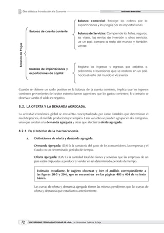 Guía didáctica: Introducción a la Economía                                            SEGUNDO BIMESTRE




                                                                        Balanza comercial: Recoge los cobros por la
                                                                        exportaciones y los pagos por las importaciones

                           Balanza de cuenta corriente
                                                                        Balanza de Servicios: Comprende los fletes, seguros,
                                                                        los viajes, las rentas de inversión y otros servicios
                                                                        ue un país compra al resto del mundo y también
Balanza de Pagos




                                                                        vende




                                                                        Registra los ingresos y egresos por créditos o
                           Balanza de importaciones y
                                                                        préstamos e inversiones que se realizan en un país
                           exportaciones de capital
                                                                        hacia el resto del mundo o viceversa




Cuando se obtiene un saldo positivo en la balanza de la cuenta corriente, implica que los ingresos
corrientes provenientes del sector externo fueron superiores que los gastos corrientes; lo contrario se
observa cuando el saldo es negativo.

8.2. LA OFERTA Y LA DEMANDA AGREGADA.

La actividad económica global se encuentra conceptualizada por varias variables que determinan el
nivel de precios, el nivel de producción y el empleo. Estas variables se pueden agrupar en dos categorías,
unas que afectan a la demanda agregada y otras que afectan la oferta agregada.

8.2.1. En el interior de la macroeconomía

                      a.       Definiciones de oferta y demanda agregada.

                               Demanda Agregada: (DA) Es la sumatoria del gasto de los consumidores, las empresas y el
                               Estado en un determinado período de tiempo.

                               Oferta Agregada: (OA) Es la cantidad total de bienes y servicios que las empresas de un
                               país están dispuestas a producir y vender en un determinado período de tiempo.


                                 Estimado estudiante, le sugiero observar y leer el análisis correspondiente a
                                 las figuras 20-5 y 20-6, que se encuentran en las páginas 403 y 404 de su texto
                                 básico.

                               Las curvas de oferta y demanda agregada tienen las mismas pendientes que las curvas de
                               oferta y demanda que estudiamos anteriormente.




          2               UNIVERSIDAD TÉCNICA PARTICULAR DE LOJA   La Universidad Católica de Loja
 
