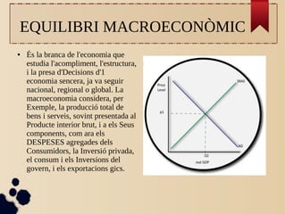 EQUILIBRI MACROECONÒMIC
● És la branca de l'economia que
estudia l'acompliment, l'estructura,
i la presa d'Decisions d'1
economia sencera, ja va seguir
nacional, regional o global. La
macroeconomia considera, per
Exemple, la producció total de
bens i serveis, sovint presentada al
Producte interior brut, i a els Seus
components, com ara els
DESPESES agregades dels
Consumidors, la Inversió privada,
el consum i els Inversions del
govern, i els exportacions gics.
 