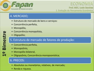 1. Evolução do Pensamento Econômico
4. MERCADO;
• Estrutura de mercado de bens e serviços:
• Concorrência perfeita,
• Monopólio,
• Concorrência monopolista,
• Oligopólio;
5. Estrutura de mercado de fatores de produção:
• Concorrência perfeita,
• Monopsônio,
• Monopólio bilateral,
• Oligopsônio, Concorrência monopsonística;
6. PRECOS:
• Absolutos ou monetários, relativos, de mercado;
• Renda e riqueza.
1ºBimestre
 